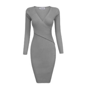 Tam Ware Dress Gray Ribbed Knit V Neck Long Sleeve Sweater Bodycon Dress Small
